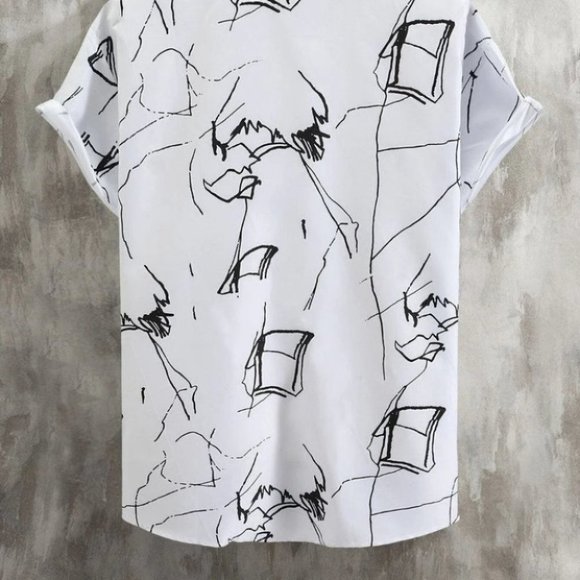 White Men's Allover Graphic Button Up Shirt Casual - Picture 4 of 5